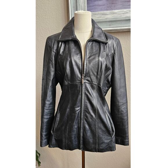 Pelle Women 90s Long Sleeve Full Zip Leather Jacket Size L Black Biker Riding